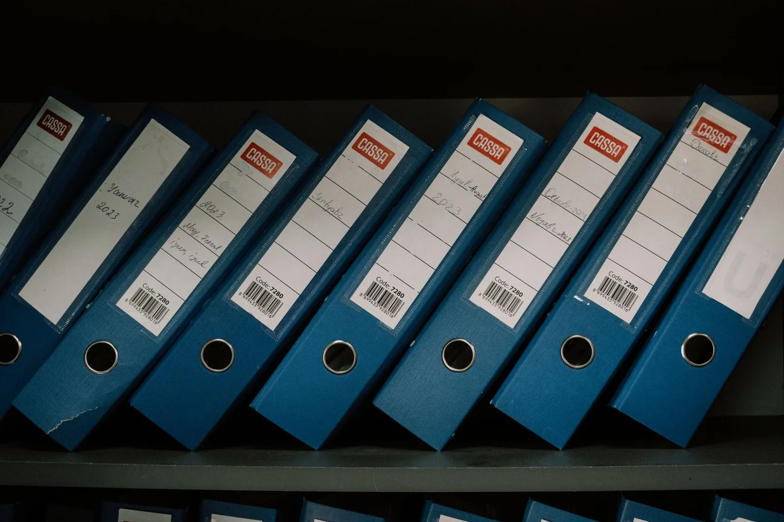 A row of blue ring binders on a shelf, each labelled with names and dates.